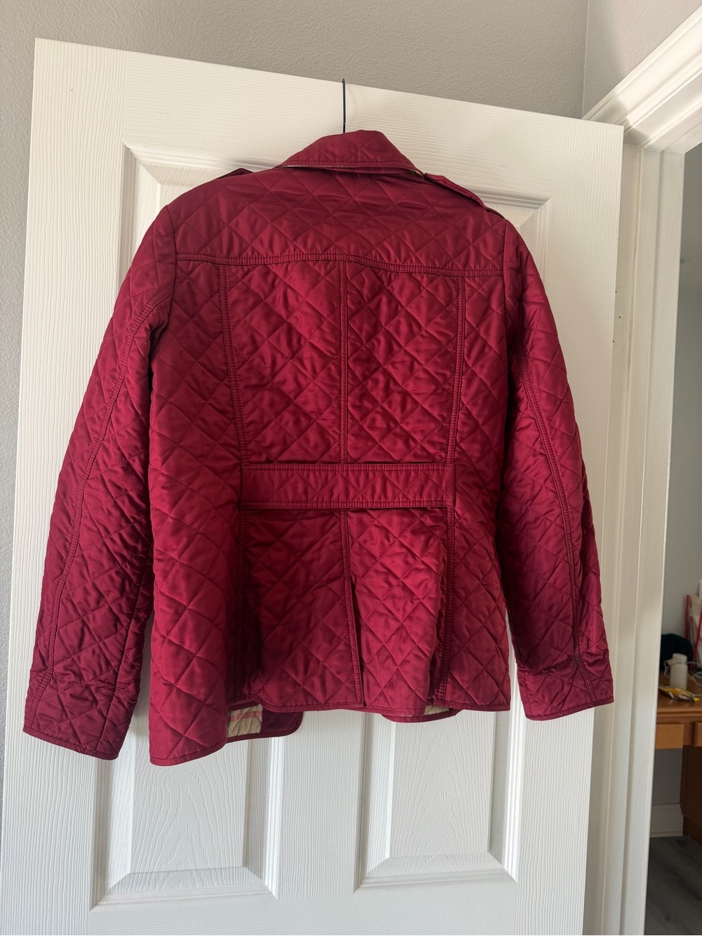 Burberry Quilted Burgundy Red women's Puffer Jacket with Check Trim - Picture 10 of 13